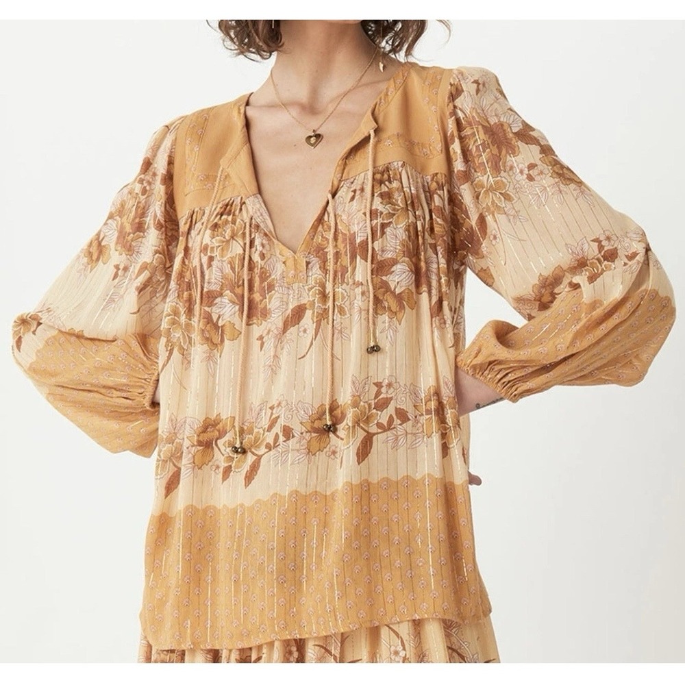 Spell and The Gypsy Coco Lei Blouse Top Women's XS Caramel Boho Embroidered - Picture 2 of 14